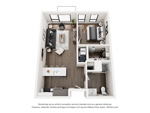 Floor plan for 1 bed, 1 bath, 685 sqft